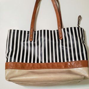 Tote - black/white stripes, beige bottom and brown handles, roomy